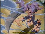  1girl ass bluethebone breasts english_commentary english_text fang horns large_breasts oni purple_eyes purple_hair retro_artstyle shion_(tensei_shitara_slime_datta_ken) single_horn slime_(substance) subtitled sword tensei_shitara_slime_datta_ken torn_clothes weapon 