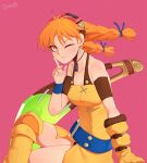  1girl aika_(eternal_arcadia) bangs belt boomerang braid breasts darahan dress earrings english_commentary eternal_arcadia flight_goggles gloves goggles jewelry long_hair medium_breasts one_eye_closed open_mouth orange_hair single_glove smile solo twin_braids weapon yellow_dress 