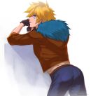  1boy artist_name ass bangs black_gloves blonde_hair blue_pants brown_jacket contrapposto cowboy_shot ezreal fingerless_gloves from_behind from_side fur_trim gloves highres hlepopechka_(oggihelga) jacket league_of_legends leaning_forward looking_back male_focus pants solo white_background 