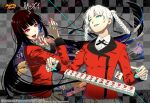  2girls aqua_eyes aqua_lips black_hair braid checkered_background copyright crossed_arms crossover floral_print highres hime_cut hyakkaou_academy_uniform jabami_yumeko jacket jewelry kakegurui lips lipstick logo long_hair looking_at_another mahjong mahjong_soul mahjong_tile makeup momobami_kirari multiple_girls naomura_tooru necktie official_art open_mouth red_eyes red_jacket red_nails red_suit ring skirt smirk suit_jacket thumb_ring twin_braids yostar 