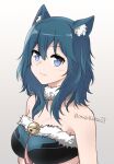  1girl alternate_costume animal_ear_fluff animal_ears bandeau bangs bare_shoulders bell blue_eyes blue_hair breasts byleth_(fire_emblem) byleth_(fire_emblem)_(female) cat_ears commentary_request eyebrows_visible_through_hair fang fang_out fire_emblem fire_emblem:_three_houses fur_collar fur_trim gradient gradient_background hair_between_eyes jingle_bell kemonomimi_mode komurice large_breasts long_hair looking_at_viewer skin_fang solo strapless tube_top upper_body 