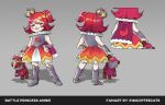  1girl absurdres alternate_costume annie_(league_of_legends) armor armored_boots artist_name bangs bare_shoulders boots cape character_name crown dress elise_(imcoffeecats) flipped_hair gradient gradient_background grey_background highres holding kneehighs knight league_of_legends medium_hair purple_cape red_cape red_dress red_hair short_hair side_ponytail smile stuffed_animal stuffed_toy teddy_bear tibbers white_dress 