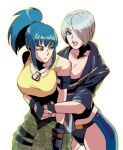  2girls angel_(kof) bangs bardothodol bare_shoulders black_gloves blue_eyes blue_hair bra cargo_pants cropped_jacket earrings fingerless_gloves gem gloves grabbing grabbing_from_behind green_hair hair_between_eyes hair_over_one_eye hand_to_hand highres jacket jewelry leather leather_jacket leona_heidern looking_at_another multiple_girls muscular muscular_female open_mouth pants ponytail short_hair strapless strapless_bra tank_top the_king_of_fighters the_king_of_fighters_xv toned underwear yellow_eyes yellow_tank_top 
