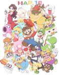  4boys 4girls birdo blonde_hair blue_eyes boo_(mario) bowser bowser_jr. brown_hair cappy_(mario) crown dress everyone facial_hair gloves goomba hat highres hoshikuzu_pan kamek koopa_clown_car koopa_troopa luigi luma_(mario) mario mario_(series) microphone_stand multiple_boys multiple_girls mustache overalls pauline_(mario) princess_daisy princess_peach red_hair rosalina tiara_(mario) toad_(mario) toadette waluigi wario white_gloves yoshi 