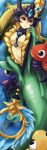  1girl absurdres animal bangs black_sclera breasts colored_sclera colored_skin fish gem green_skin hair_ornament highres holding holding_staff large_breasts league_of_legends long_hair mermaid monster_girl nam_(valckiry) nami_(league_of_legends) parted_lips red_eyes signature staff teeth vastaya 