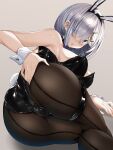  1girl animal_ears ass back-seamed_legwear black_leotard blue_eyes breasts collar fake_animal_ears fishnet_legwear fishnets from_behind garters hair_ornament hair_over_one_eye hairclip hamakaze_(kancolle) hand_on_own_ass highres kantai_collection large_breasts leotard nail_polish pantyhose playboy_bunny rabbit_ears rabbit_tail seamed_legwear shiny shiny_clothes short_hair silver_hair simple_background solo tail torisan wrist_cuffs 
