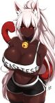 1girl airisubaka animal_ear_fluff animal_ears arms_under_breasts artist_name bangs bare_arms bare_shoulders bell black_choker black_legwear black_panties black_sclera breasts choker cleavage clothes_writing collarbone colored_sclera commentary cowboy_shot dark-skinned_female dark_skin dolphin_shorts eyebrows_visible_through_hair hair_between_eyes highleg highleg_panties highres jingle_bell large_breasts long_hair looking_at_viewer mole mole_on_breast navel neck_bell original panties panty_straps ponytail red_eyes shorts signature simple_background solo strap_slip symbol-only_commentary tail thighhighs underwear very_dark_skin very_long_hair white_background white_hair 
