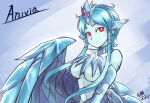  1girl anivia blue_hair breasts commentary_request feathered_wings feathers harpy large_breasts league_of_legends monster_girl nam_(valckiry) personification red_eyes short_hair short_hair_with_long_locks solo winged_arms wings 