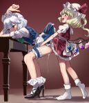  2girls absurdres age_difference apron ass blonde_hair blush breasts clothes_lift clothes_pull cum dripping flandre_scarlet flat_chest gunnjou_yosio hat high_heels highres hose implied_futanari implied_sex izayoi_sakuya maid maid_apron maid_headdress multiple_girls onee-loli red_background red_eyes ribbon sex sex_from_behind size_difference skirt skirt_lift skirt_pull small_breasts sweat sweatdrop table touhou white_hair wings 
