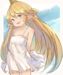  1girl :d arms_behind_back blonde_hair blue_eyes charlotta_(granblue_fantasy) collarbone crown dress eyebrows_visible_through_hair granblue_fantasy hair_between_eyes harvin highres long_hair looking_at_viewer mote_max pointy_ears sleeveless sleeveless_dress smile solo white_dress 