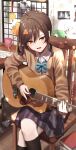  1girl absurdres bangs black_legwear blue_bow bow eyebrows_visible_through_hair guitar hair_between_eyes highres indoors instrument long_hair long_sleeves looking_at_viewer nagase_yuka open_mouth shirt sitting skirt smile solo tare_negima thighhighs virtual_youtuber vocaloid vsinger youtube 