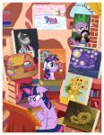  2012 annoyed book bookshelf breath brush clothing equid equine female feral friendship_is_magic furniture hasbro hat headgear headwear horn inside inspired_by_formal_art janeesper library magic mammal my_little_pony paintbrush panting signature sitting smartypants_(mlp) solo spike_(mlp) the_starry_night twilight_sparkle_(mlp) unicorn vincent_van_gogh window 