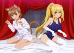  2girls absurdres alternate_hairstyle animal_ear_fluff animal_ears bag bare_legs barefoot bed bed_sheet between_breasts blonde_hair blue_swimsuit breasts breasts_apart brown_eyes brown_hair canopy_bed cat_ears cat_girl cat_tail collarbone collared_shirt dress_shirt elbow_gloves embarrassed floating_hair full_body gloves handbag highres indoors kemonomimi_mode long_hair long_sleeves looking_at_viewer medium_breasts misaka_mikoto multiple_girls naked_shirt on_bed open_mouth paw_pose school_swimsuit shiny shiny_hair shirt shokuhou_misaki short_hair swimsuit symbol-shaped_pupils tail thighhighs toaru_kagaku_no_railgun toaru_majutsu_no_index very_long_hair wavy_mouth white_gloves white_legwear white_shirt wing_collar yoshida_yuuko 