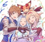  1boy 2girls ahoge armor blonde_hair blue_hair blue_hoodie blush breastplate brown_eyes brown_hair closed_eyes confetti djeeta_(granblue_fantasy) dragon_horns dress facing_viewer gauntlets gran_(granblue_fantasy) granblue_fantasy hairband high-waist_skirt highres hood hood_down hoodie horns kingyo_114 long_hair looking_at_viewer lyria_(granblue_fantasy) multiple_girls ok_sign one_eye_closed open_mouth parted_lips pink_skirt shirt short_hair shoulder_armor simple_background skirt sleeveless sleeveless_dress smile streamers upper_body vyrn_(granblue_fantasy) white_background white_dress white_shirt 