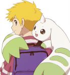  anthro backpack bandai_namco beady_eyes blonde_hair blue_eyes digimon digimon_(species) duo fur gdn0522 hair hi_res horn human long_ears looking_back male mammal terriermon white_body white_fur willis_(digimon) 