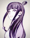  1girl ace_attorney black_hair closed_mouth hair_ornament half_updo highres ilya_kuvshinov japanese_clothes long_hair maya_fey muted_color simple_background smile solo 