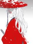  1boy amore1989 coat earrings facial_mark from_behind grey_background haori holding holding_umbrella japanese_clothes jewelry kimetsu_no_yaiba long_hair long_sleeves looking_away male_focus motion_blur oil-paper_umbrella ponytail profile red_coat shade snow snowing solo spot_color sword tsugikuni_yoriichi umbrella upper_body weapon 