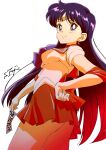  1girl bangs bishoujo_senshi_sailor_moon black_eyes black_hair cowboy_shot earrings elbow_gloves fujimoto_satoru gloves hand_on_hip highres hino_rei holding inner_senshi jewelry long_hair looking_at_viewer magical_girl miniskirt ofuda photoshop_(medium) pleated_skirt red_sailor_collar red_skirt sailor_collar sailor_senshi simple_background skirt smile solo star_(symbol) star_earrings tiara white_background 