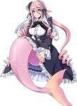  1girl artist_request blue_eyes breasts drill_hair eyebrows_visible_through_hair full_body head_fins large_breasts long_hair maid_headdress mermaid meroune_lorelei monster_girl monster_musume_no_iru_nichijou monster_musume_no_iru_nichijou_online official_art pink_hair pointy_ears scales solo transparent_background very_long_hair webbed_hands 