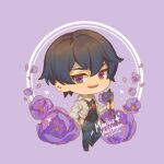  1boy :d bangs black_shirt blue_pants bouquet character_name chibi cwilocky earrings flower holding holding_bouquet jacket jewelry long_sleeves looking_at_viewer marius_von_hagen_(tears_of_themis) open_mouth pants purple_background purple_eyes purple_flower purple_hair shirt short_hair simple_background smile solo tears_of_themis white_jacket 