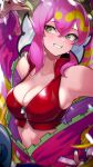  1girl arm_up bangs bare_shoulders blurry blurry_foreground breasts collarbone collared_vest green_eyes grin hair_between_eyes hair_ornament headband high_collar highres jacket kashu_(hizake) ki-sikil_(yu-gi-oh!) large_breasts live_twin_ki-sikil long_sleeves multicolored_hair open_clothes open_jacket pink_hair pink_jacket red_vest smile solo streaked_hair sweat symbol-shaped_pupils upper_body vest yu-gi-oh! zipper zipper_pull_tab 