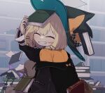  1girl blonde_hair book bookshelf closed_eyes familiar hair_between_eyes hat library looking_at_viewer looking_back millie_parfait nijisanji nijisanji_en short_hair smile solo sumiya_nadateru virtual_youtuber witch_hat 