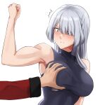  1girl 1other ak-15_(girls&#039;_frontline) bangs biceps black_shirt blush breast_grab breasts clenched_hand commander_(girls&#039;_frontline) cyka english_commentary flexing girls&#039;_frontline grabbing hair_over_one_eye highres long_hair long_sleeves muscular muscular_female nose_blush parted_lips pose purple_eyes shirt silver_hair simple_background sleeveless sleeveless_shirt solo_focus upper_body 