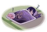  1girl :&gt; =_= bangs chibi closed_eyes closed_mouth eyebrows_visible_through_hair futon genshin_impact glaive hanauna pillow purple_hair raiden_shogun sleeping sparkle under_covers zzz 