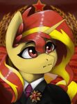  absurd_res blonde_hair bow_tie clothing equestria_girls equid equine eyebrows eyelashes female hair hasbro hi_res horn inner_ear_fluff lighting_(artist) mammal multicolored_hair my_little_pony politics red_eyes red_hair red_star russian solo sunset_shimmer_(eg) tuft two_tone_hair unicorn uniform yellow_body 