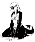  2022 anthro bikini black_and_white breasts clothing ear_piercing ear_ring female fur hair hi_res kelly_o&#039;dor looking_at_viewer mammal mephitid monochrome partially_submerged piercing skunk solo swimwear tegerio whiskers 