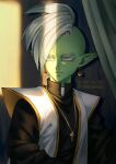  1boy absurdres colored_skin cross cross_necklace dragon_ball dragon_ball_super dragon_ball_super_super_hero earrings green_skin highres hydeover9000 jewelry looking_at_viewer male_focus mohawk necklace pointy_ears potara_earrings priest profile short_hair solo straight-on upper_body zamasu 