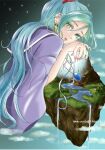  1girl artist_name blue_hair chrono_trigger cloud dated earrings floating_island green_eyes hairband highres jewelry long_hair looking_at_viewer maruno necklace open_mouth pendant ponytail purple_robe red_hairband schala_zeal sky solo solo_focus 