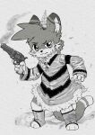  absurd_res domestic_cat felid feline felis gun handgun hi_res holding_gun holding_handgun holding_object holding_revolver holding_weapon kroenasneko looking_at_viewer male mammal monochrome ranged_weapon revolver simple_background smoke solo standing weapon zaaru_(character) 