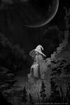  1girl dress elden_ring email_address extra_arms extra_faces fur_coat grass greyscale hat highres l_aciel long_hair monochrome moon outdoors own_hands_together plant ranni_the_witch ruins sitting solo tree watermark wavy_hair witch witch_hat 