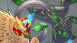  absurd_res blonde_hair blue_eyes equestria_girls equid equine fly_swatter friendship_is_magic glowing green_eyes gun hair hi_res horn machine magic mammal multicolored_hair my_little_pony queen_chrysalis_(mlp) ranged_weapon red_hair robot sunset_shimmer_(eg) two_tone_hair underpable weapon winged_unicorn wings 