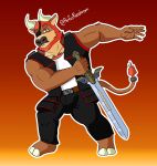  absurd_res anthro battle beard bovid bovine cattle clothing facial_hair hi_res hooves horn male mammal melee_weapon patch_(fabric) pose ring rufusrooskram solo sword topwear vest weapon 