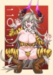  1girl :d ahoge animal_print bandeau bikini boots breasts chinese_zodiac claw_pose draph fangs flipped_hair front-tie_top granblue_fantasy grey_hair highres horns huge_breasts long_hair red_eyes scarf shrug_(clothing) smile solo spread_legs squatting swimsuit thighhighs threo_(granblue_fantasy) tiger_print v-shaped_eyebrows very_long_hair year_of_the_tiger yuumano_yuuki 