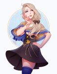  1girl black_skirt blonde_hair blue_eyes bow breasts capelet cleavage commentary fire_emblem fire_emblem:_three_houses fire_emblem_heroes garreg_mach_monastery_uniform gold_trim hair_bow hair_ornament hand_on_hip hand_on_own_cheek hand_on_own_face highres large_breasts long_hair looking_to_the_side mercedes_von_martritz nail_polish no_bra no_shirt pale_skin simple_background skirt thighhighs thighs tsuaii wind wind_lift 