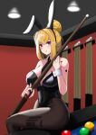  1girl absurdres animal_ears ball bangs billiard_ball billiards black_legwear black_leotard black_nails blonde_hair blue_eyes blush breasts cleavage cue_stick detached_collar fake_animal_ears habetrot_(last_origin) hair_bun highleg highleg_leotard highres korean_commentary large_breasts last_origin leotard looking_at_viewer minji_(jimin10804) navel necktie pantyhose playboy_bunny pool_table sitting sitting_on_table skindentation smile solo strapless strapless_leotard tattoo wrist_cuffs 