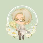  1boy :d bangs bouquet brown_pants brown_vest character_name chibi cwilocky flower glasses green_background grin holding holding_bouquet labcoat long_sleeves looking_at_viewer pants short_hair simple_background sleeves_rolled_up smile solo tears_of_themis teeth vest vyn_richter_(tears_of_themis) white_flower white_hair yellow_eyes 
