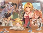  5girls antennae armor bangs black_gloves black_hair blonde_hair book breasts bridal_gauntlets brown_eyes cleavage dark-skinned_female dark_skin detached_sleeves djeeta_(granblue_fantasy) double_bun dragon_horns dress enyo_(granblue_fantasy) eyebrows_visible_through_hair fediel_(granblue_fantasy) flower gloves granblue_fantasy hair_flower hair_ornament hair_over_one_eye hairband highres hood horns jewelry kiriyama2109 large_breasts lich_(granblue_fantasy) long_hair looking_at_object multiple_girls photo_(object) purple_eyes short_hair silver_hair sleeveless sleeveless_dress smile sylph_(granblue_fantasy) teeth thighhighs vambraces very_long_hair white_dress window 