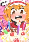  1girl alice_margatroid bangs birthday_cake blonde_hair blush brown_eyes cake candle commentary_request cookie_(touhou) emphasis_lines eyebrows_visible_through_hair food frilled_hairband frills fruit gram_9 hairband hinase_(cookie) looking_at_food open_mouth pink_background red_hairband round_teeth short_hair smile solo strawberry teeth touhou translation_request upper_body 