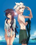  1boy 1girl bandaid bangs bikini_removed black_hair borrowed_garments breasts brown_hair cleavage collarbone danganronpa_(series) danganronpa_2:_goodbye_despair day dosugon from_side green_male_swimwear grey_hair groin holding komaeda_nagito large_breasts long_hair male_swimwear messy_hair multicolored_hair notice_lines ocean outdoors print_shirt shirt short_sleeves single_bare_shoulder tearing_up tsumiki_mikan two-tone_hair 