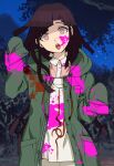  1girl :o bangs black_hair blood blood_on_clothes collared_shirt cosplay danganronpa_(series) danganronpa_2:_goodbye_despair dosugon hood hood_down jacket komaeda_nagito komaeda_nagito_(cosplay) long_hair night open_clothes open_jacket outdoors pink_blood pink_shirt print_shirt shirt sleeves_past_fingers sleeves_past_wrists solo teeth tsumiki_mikan upper_teeth 