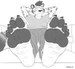  4_toes anthro breasts cheetah claws clothed clothing feet felid feline foot_focus fully_clothed hair hands_behind_head hi_res humanoid_feet jwolfsky male mammal pawpads paws plantigrade sitting soles solo spots spotted_body toe_claws toes 