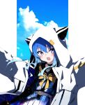  1girl absurdres animal_hood bangs belt blue_eyes blue_hair blush bow choker cloud cowboy_shot fang gradient_hair hair_between_eyes highres hololive hood hood_up hooded_jacket hoshimachi_suisei jacket light_blue_hair long_hair looking_to_the_side mokoso multicolored_hair open_mouth outstretched_arms pleated_skirt sailor_collar school_uniform sidelocks skin_fang skirt sky solo star_(sky) starry_sky virtual_youtuber white_jacket 