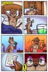  absurd_res anthro bed comic coughing domestic_cat exclamation_point felid feline felis furniture genitals hi_res jesse_cat male mammal note penis potion syaokitty waking_up 