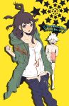  1boy 1girl :d bangs barefoot black_hair breasts brown_eyes cleavage clenched_hand collarbone cosplay danganronpa_(series) danganronpa_2:_goodbye_despair dosugon feet_out_of_frame green_jacket hand_up holding holding_clothes hood hood_down jacket komaeda_nagito komaeda_nagito_(cosplay) large_breasts long_hair messy_hair mole mole_under_eye open_pants pants shirt smile star_(symbol) teeth tongue topless_male translation_request tsumiki_mikan upper_teeth white_shirt yellow_background 