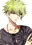  1boy amami_rantarou antenna_hair bangs collarbone danganronpa_(series) danganronpa_v3:_killing_harmony dosugon earrings eyebrows_visible_through_hair green_eyes green_hair grey_background hair_between_eyes jewelry necklace ring shirt short_hair simple_background smile solo striped striped_shirt upper_body 