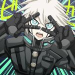  1boy ahoge android bangs black_gloves blue_background danganronpa_(series) danganronpa_v3:_killing_harmony dosugon gloves grey_hair keebo looking_at_viewer male_focus power_armor solo sparkle spiked_hair translation_request upper_body white_background 